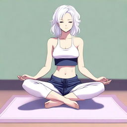 An athletic anime girl with white hair on a yoga mat, showing her feet