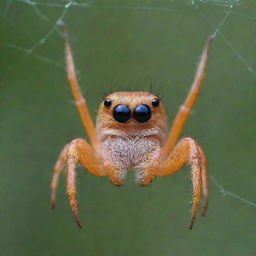 The joyful spider previously pictured, now even happier, big laughing eyes and a grin stretching across its face, while relaxing happily on its intricate web.