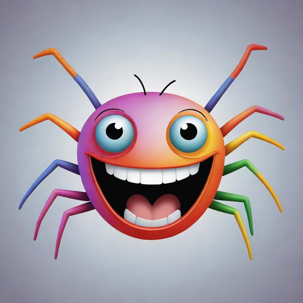 A cartoon version of the extremely joyful spider from before, with exaggerated wide, laughing eyes, colourful body, and a grin spreading cheerfully on its face.