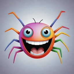 A cartoon version of the extremely joyful spider from before, with exaggerated wide, laughing eyes, colourful body, and a grin spreading cheerfully on its face.