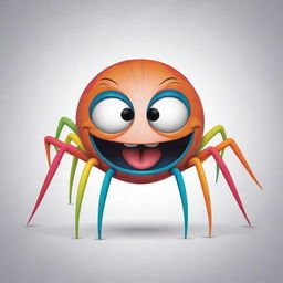 A cartoon version of the extremely joyful spider from before, with exaggerated wide, laughing eyes, colourful body, and a grin spreading cheerfully on its face.