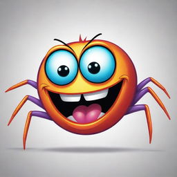 A cartoon version of the extremely joyful spider from before, with exaggerated wide, laughing eyes, colourful body, and a grin spreading cheerfully on its face.