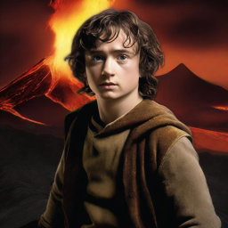 Generate an image of actor Elliot Page in the role of Frodo Baggins, standing on Mount Doom