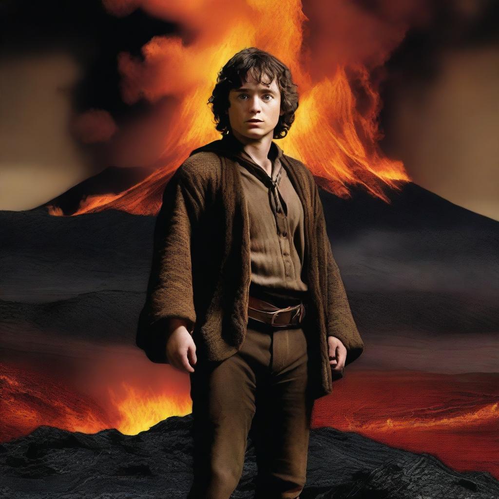 Generate an image of actor Elliot Page in the role of Frodo Baggins, standing on Mount Doom