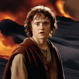 Generate an image of actor Elliot Page in the role of Frodo Baggins, standing on Mount Doom