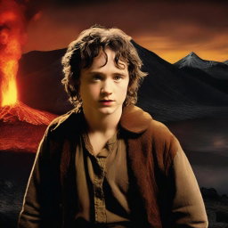Generate an image of actor Elliot Page in the role of Frodo Baggins, standing on Mount Doom