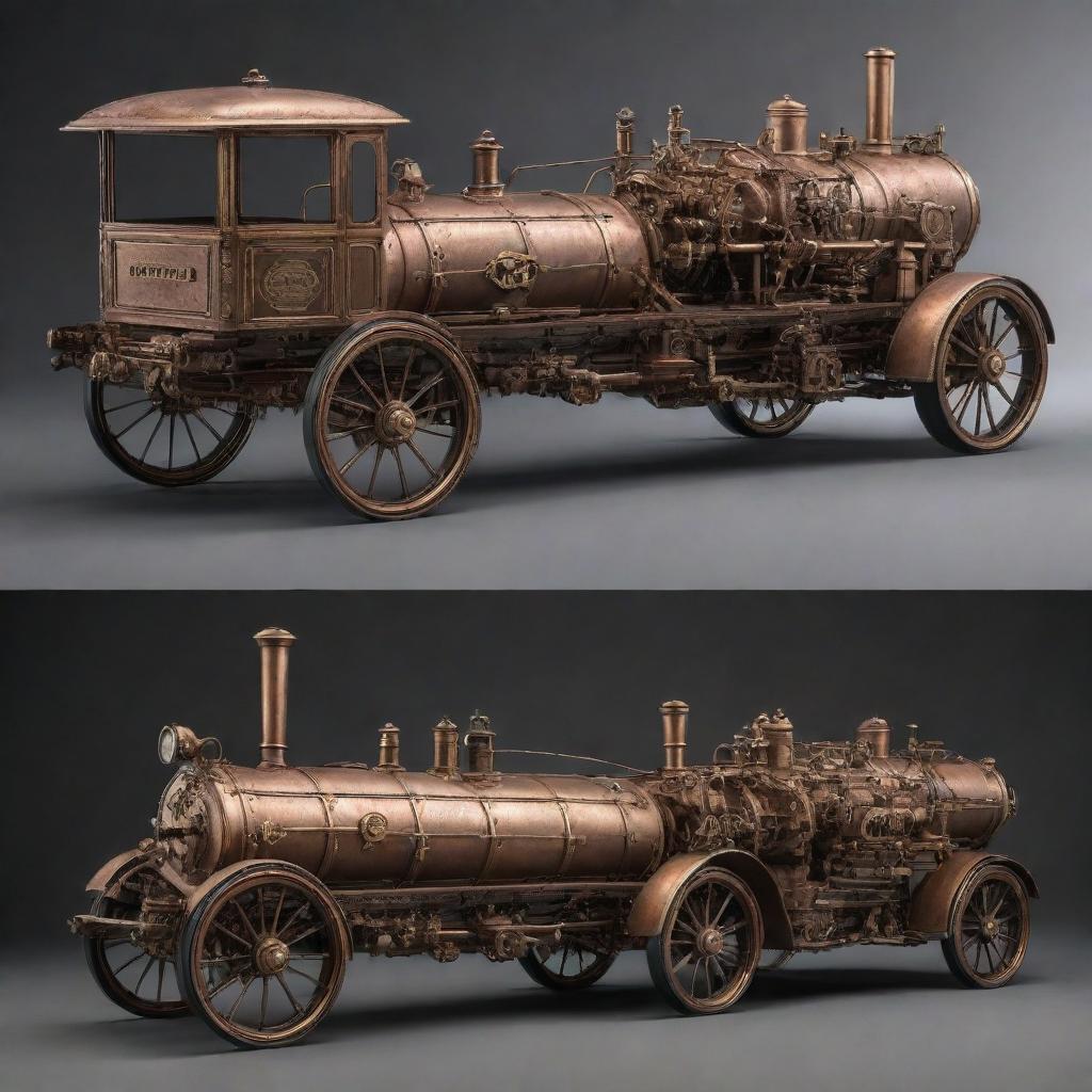 Steampunk-style passenger vehicles featuring elements of 19th-century industrial steam-powered machinery with intricate details, vintage aesthetics combined with futuristic design.