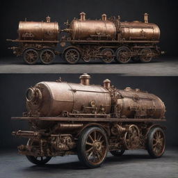 Steampunk-style passenger vehicles featuring elements of 19th-century industrial steam-powered machinery with intricate details, vintage aesthetics combined with futuristic design.