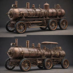 Steampunk-style passenger vehicles featuring elements of 19th-century industrial steam-powered machinery with intricate details, vintage aesthetics combined with futuristic design.