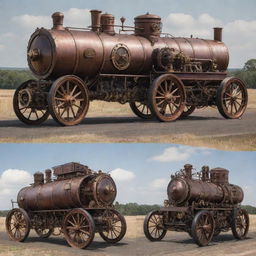 Steampunk-style passenger vehicles featuring elements of 19th-century industrial steam-powered machinery with intricate details, vintage aesthetics combined with futuristic design.