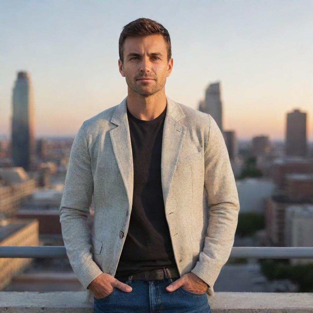 A confident man in forward-facing position with casual clothing, standing in a cityscape at sunset.