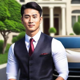 Create a book cover featuring a very affluent Asian man in his twenties
