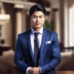 Create a book cover featuring a very affluent Asian man in his twenties