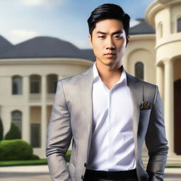 Create a book cover featuring a very affluent Asian man in his twenties
