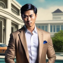 Create a book cover featuring a very affluent Asian man in his twenties