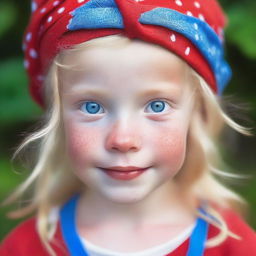 An image of a 5-year-old blonde girl with blue eyes, wearing a red bandana on her head