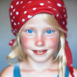 An image of a 5-year-old blonde girl with blue eyes, wearing a red bandana on her head