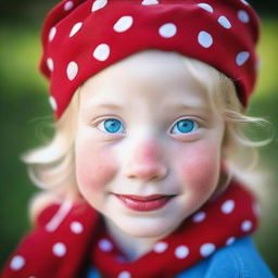 An image of a 5-year-old blonde girl with blue eyes, wearing a red bandana on her head