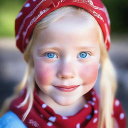 An image of a 5-year-old blonde girl with blue eyes, wearing a red bandana on her head