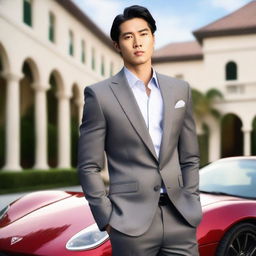 Create a full-body image of an exceptionally attractive Asian man in his twenties, dressed in a well-tailored suit that accentuates his features