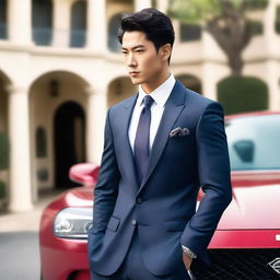 Create a full-body image of an exceptionally attractive Asian man in his twenties, dressed in a well-tailored suit that accentuates his features