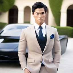 Create a full-body image of an exceptionally attractive Asian man in his twenties, dressed in a well-tailored suit that accentuates his features