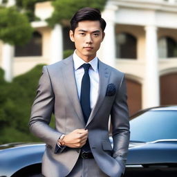 Create a full-body image of an exceptionally attractive Asian man in his twenties, dressed in a well-tailored suit that accentuates his features