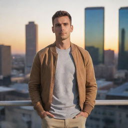 A confident man in forward-facing position with casual clothing, standing in a cityscape at sunset.