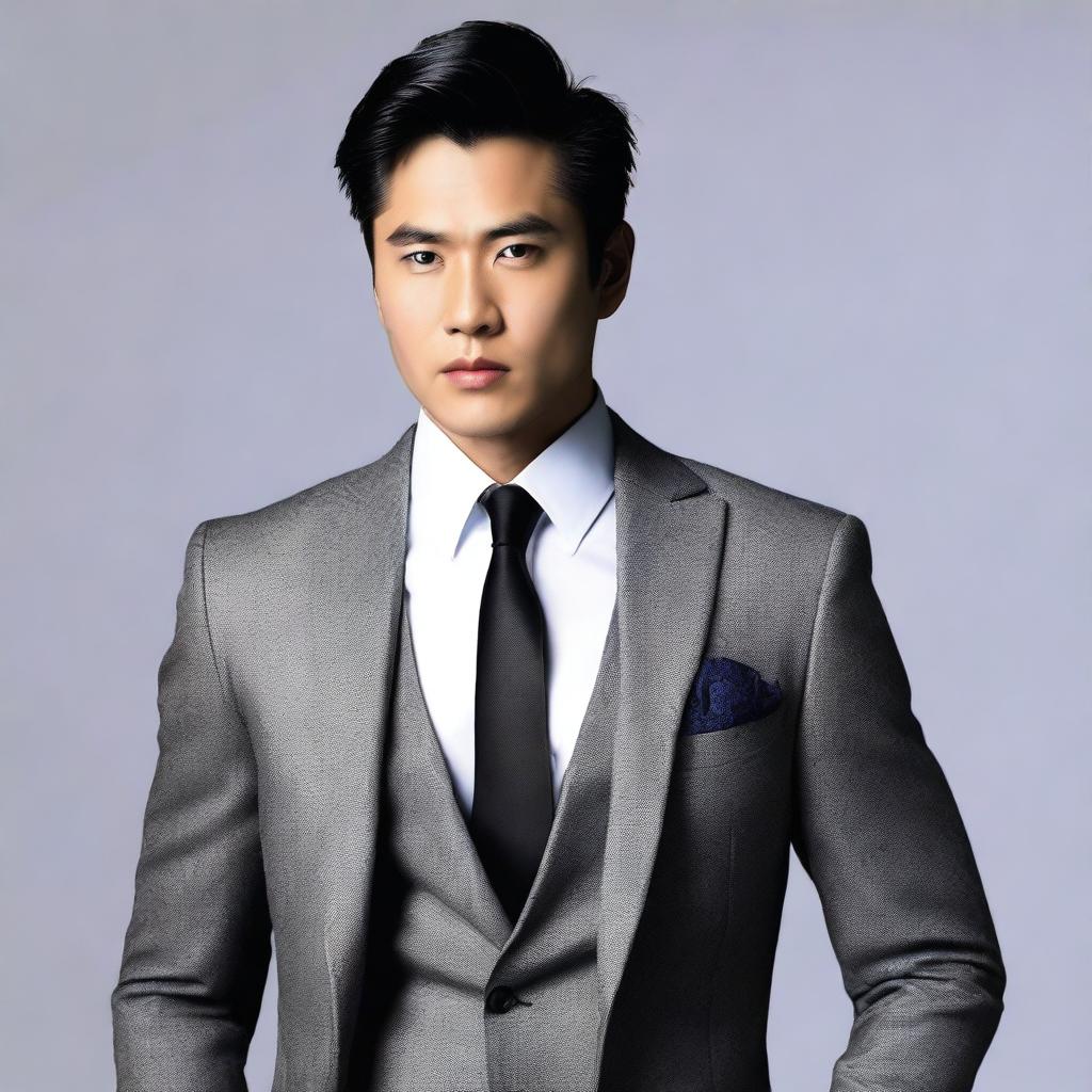 Modify the book cover image to make the affluent Asian man in his twenties look more sexy, while still maintaining the responsible composure of a rich businessman