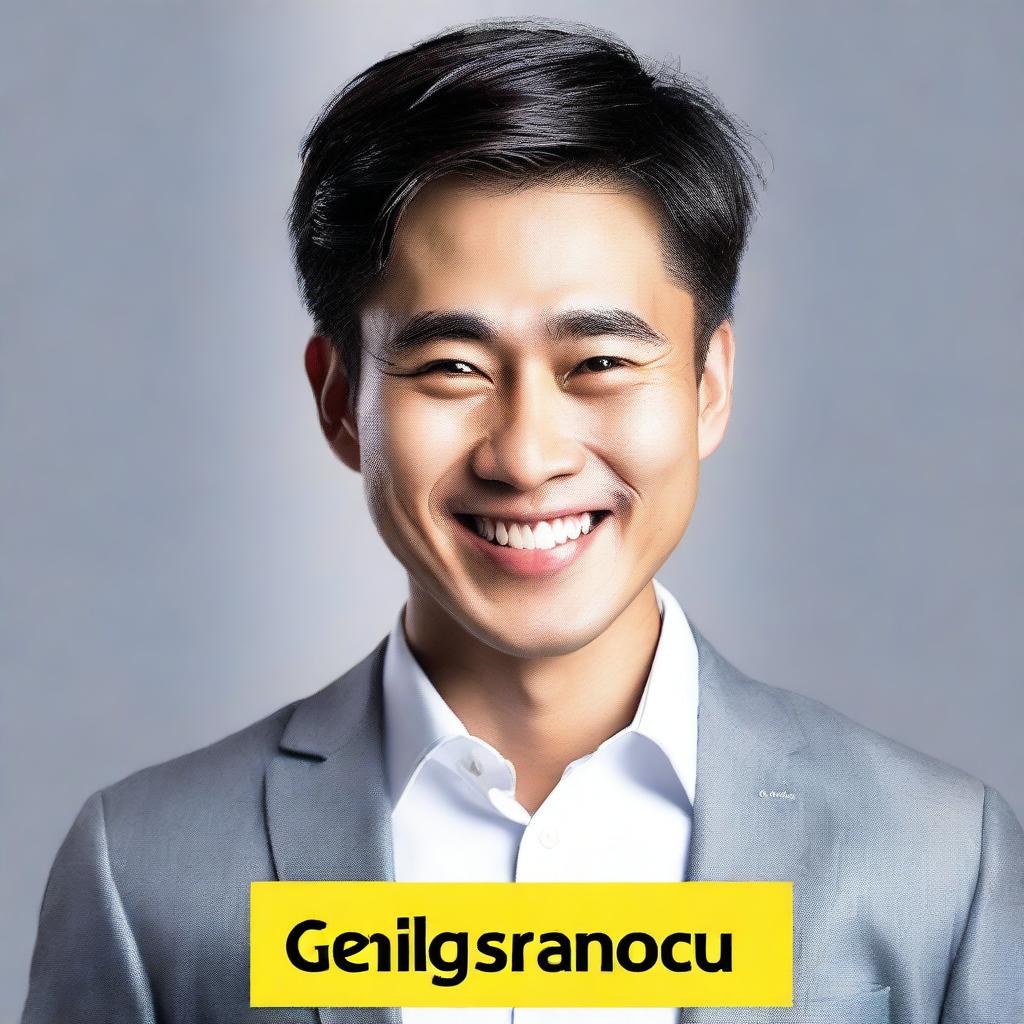 Adjust the book cover image to include a cute, charming smile on the face of the affluent Asian man in his twenties