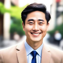 Adjust the book cover image to include a cute, charming smile on the face of the affluent Asian man in his twenties