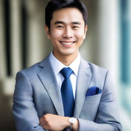 Adjust the book cover image to include a cute, charming smile on the face of the affluent Asian man in his twenties