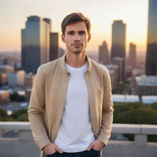 A confident man in forward-facing position with casual clothing, standing in a cityscape at sunset.