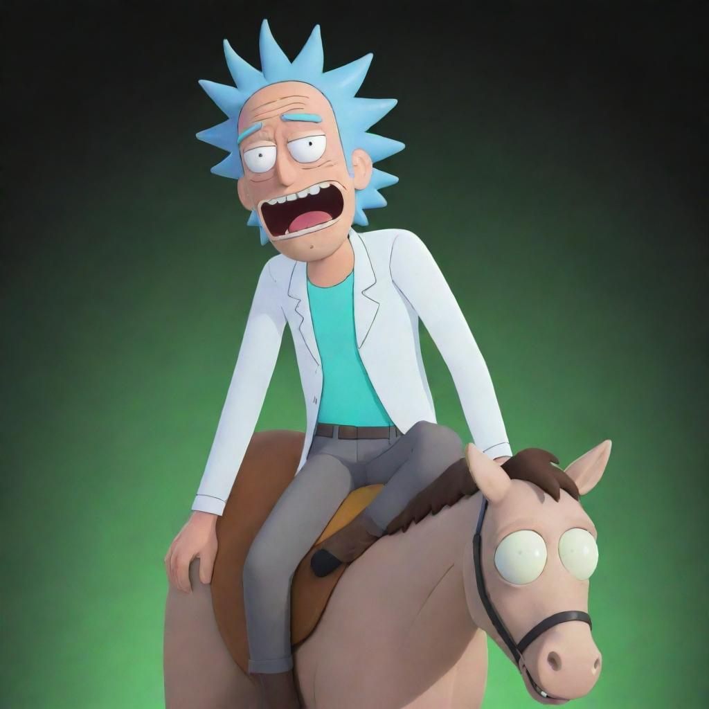 Animated image of Rick Sanchez from Rick and Morty, comically perched on Morty's back as though Morty is a horse, both exhibiting humorous expressions while in motion.