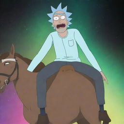 Animated image of Rick Sanchez from Rick and Morty, comically perched on Morty's back as though Morty is a horse, both exhibiting humorous expressions while in motion.