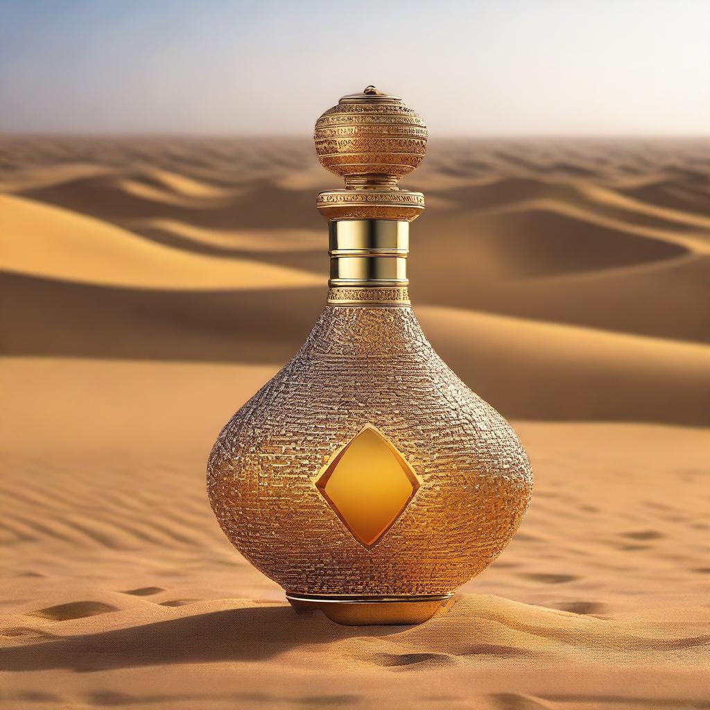 Create an image of a luxury perfume bottle in the setting of the Dubai desert