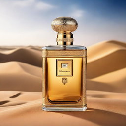 Create an image of a luxury perfume bottle in the setting of the Dubai desert