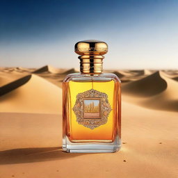 Create an image of a luxury perfume bottle in the setting of the Dubai desert