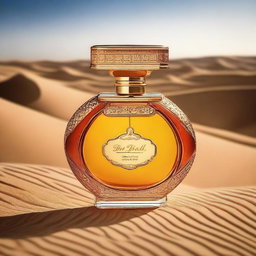 Create an image of a luxury perfume bottle in the setting of the Dubai desert