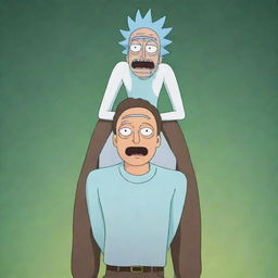 Animated image of Rick Sanchez from Rick and Morty, comically perched on Morty's back as though Morty is a horse, both exhibiting humorous expressions while in motion.