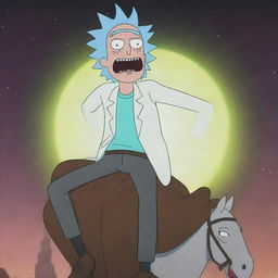 Animated image of Rick Sanchez from Rick and Morty, comically perched on Morty's back as though Morty is a horse, both exhibiting humorous expressions while in motion.