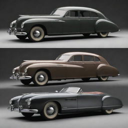 Dieselpunk passenger vehicles, showcasing elements of 1940s machinery aesthetic mixed with future-retro designs, built with a prominent use of darker tones, riveted metal, and streamlined shapes.