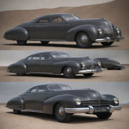 Dieselpunk passenger vehicles, showcasing elements of 1940s machinery aesthetic mixed with future-retro designs, built with a prominent use of darker tones, riveted metal, and streamlined shapes.