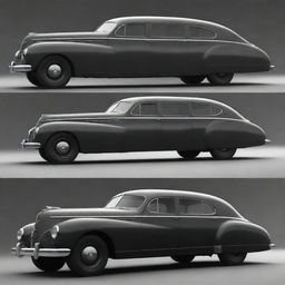 Dieselpunk passenger vehicles, showcasing elements of 1940s machinery aesthetic mixed with future-retro designs, built with a prominent use of darker tones, riveted metal, and streamlined shapes.