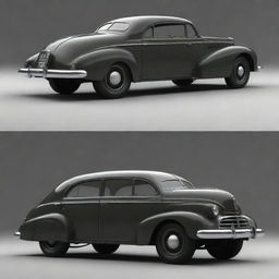 Dieselpunk passenger vehicles, showcasing elements of 1940s machinery aesthetic mixed with future-retro designs, built with a prominent use of darker tones, riveted metal, and streamlined shapes.