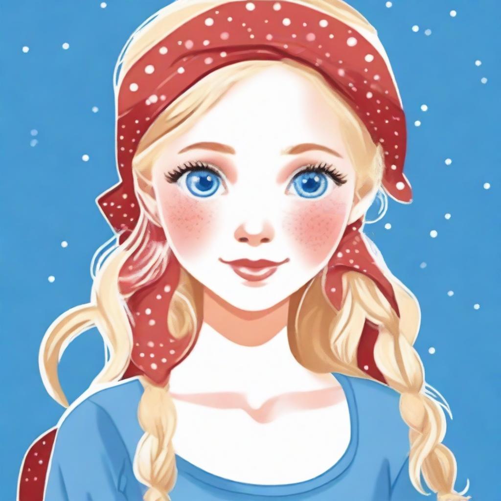An image of a blonde-haired, blue-eyed girl wearing a red bandana with small white dots on her head