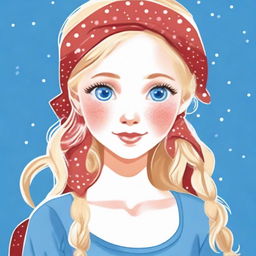 An image of a blonde-haired, blue-eyed girl wearing a red bandana with small white dots on her head