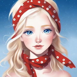 An image of a blonde-haired, blue-eyed girl wearing a red bandana with small white dots on her head