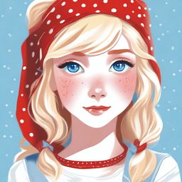 An image of a blonde-haired, blue-eyed girl wearing a red bandana with small white dots on her head