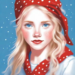 An image of a blonde-haired, blue-eyed girl wearing a red bandana with small white dots on her head